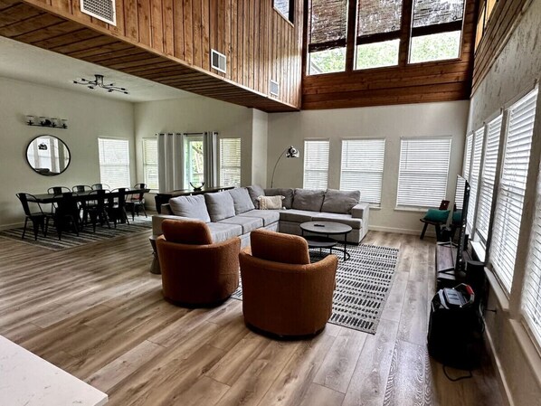 Smart TV, fireplace, video games, table football