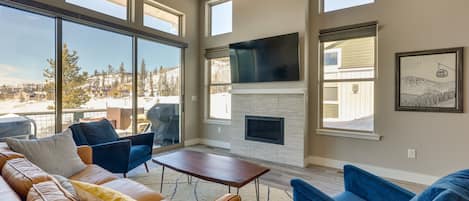 TV, fireplace, books, music library