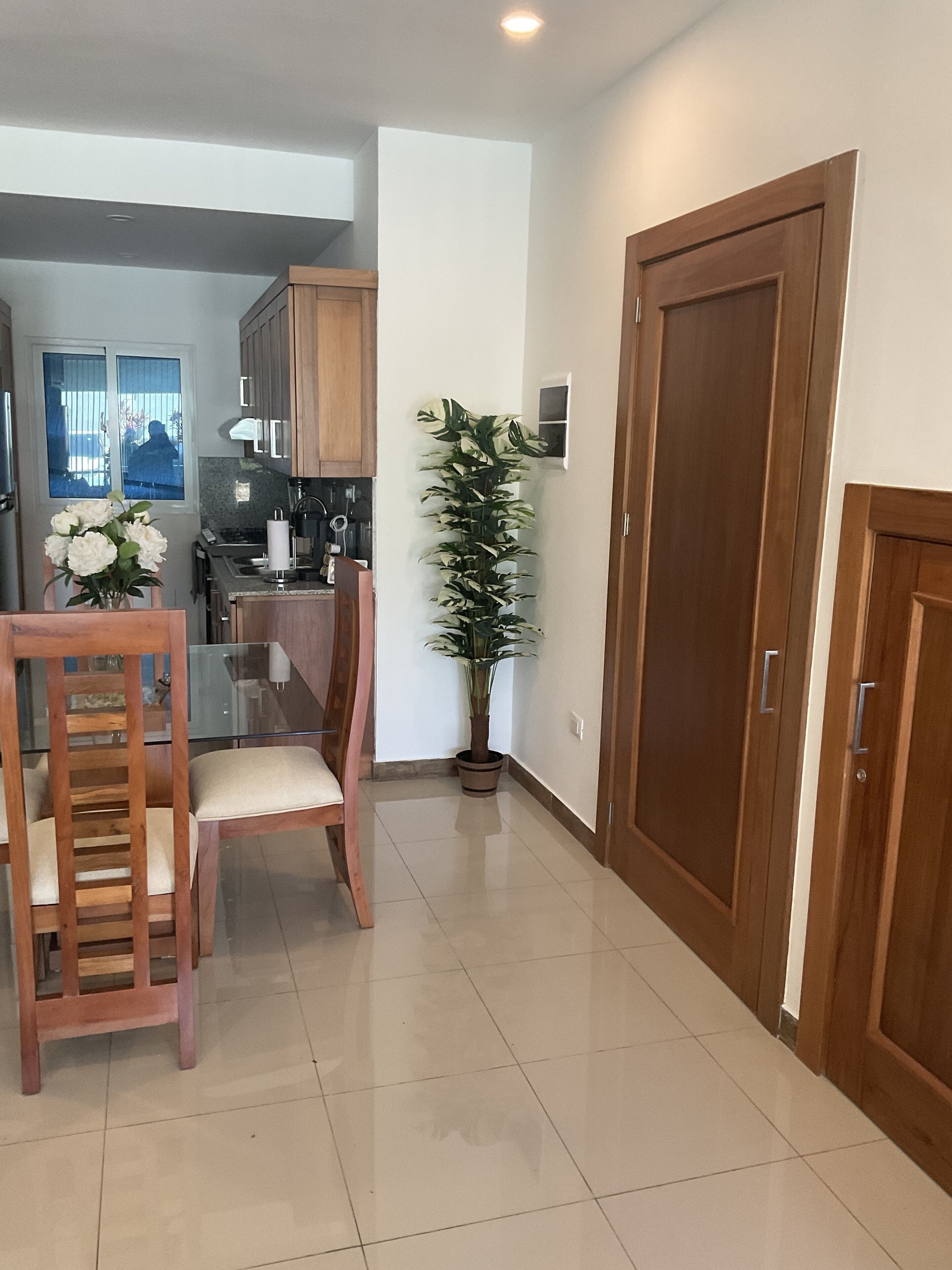 A modern kitchen with wooden cabinets, a dining table with chairs, a potted plant, and a large wooden door.