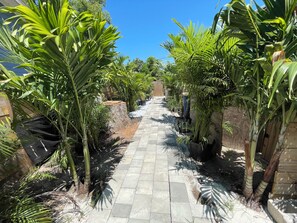 Un sendero pavimentado bordeado por plantas verdes y una valla de madera.