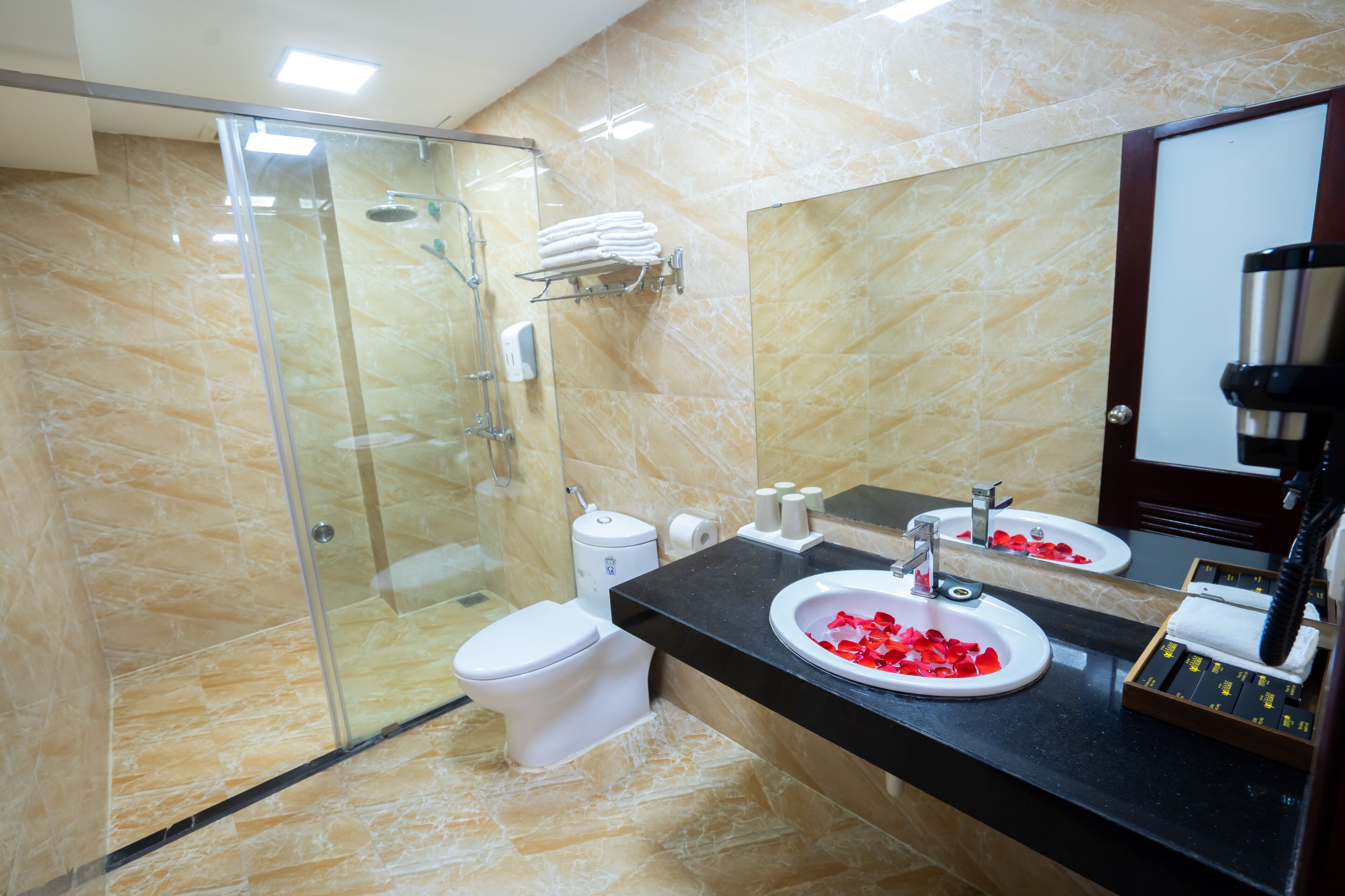 A modern bathroom with a glass shower enclosure, a white toilet, a black countertop with a sink, and a mirror.