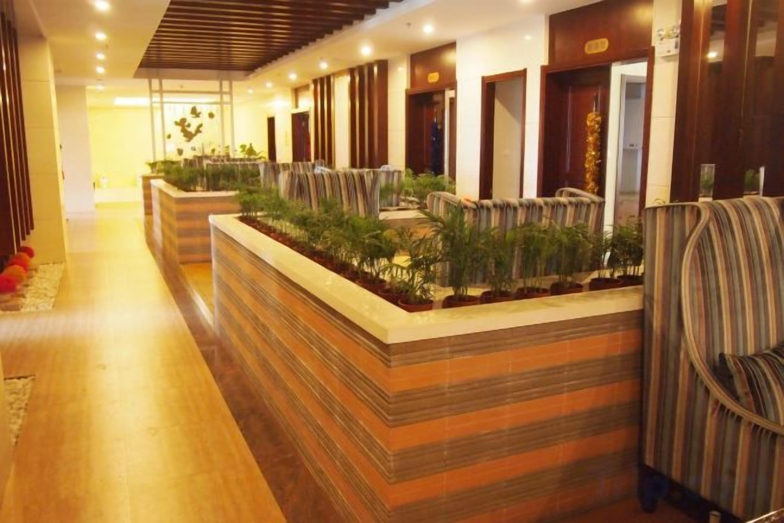 A hotel lobby with a reception desk, seating area, and a plant arrangement.