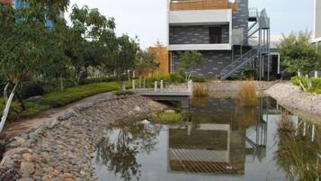 A modern building with a reflective water feature in front.