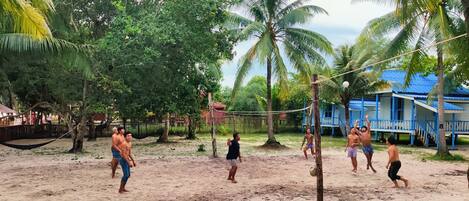Cancha de voleibol de arena rodeada de palmeras y un edificio azul con un porche.
