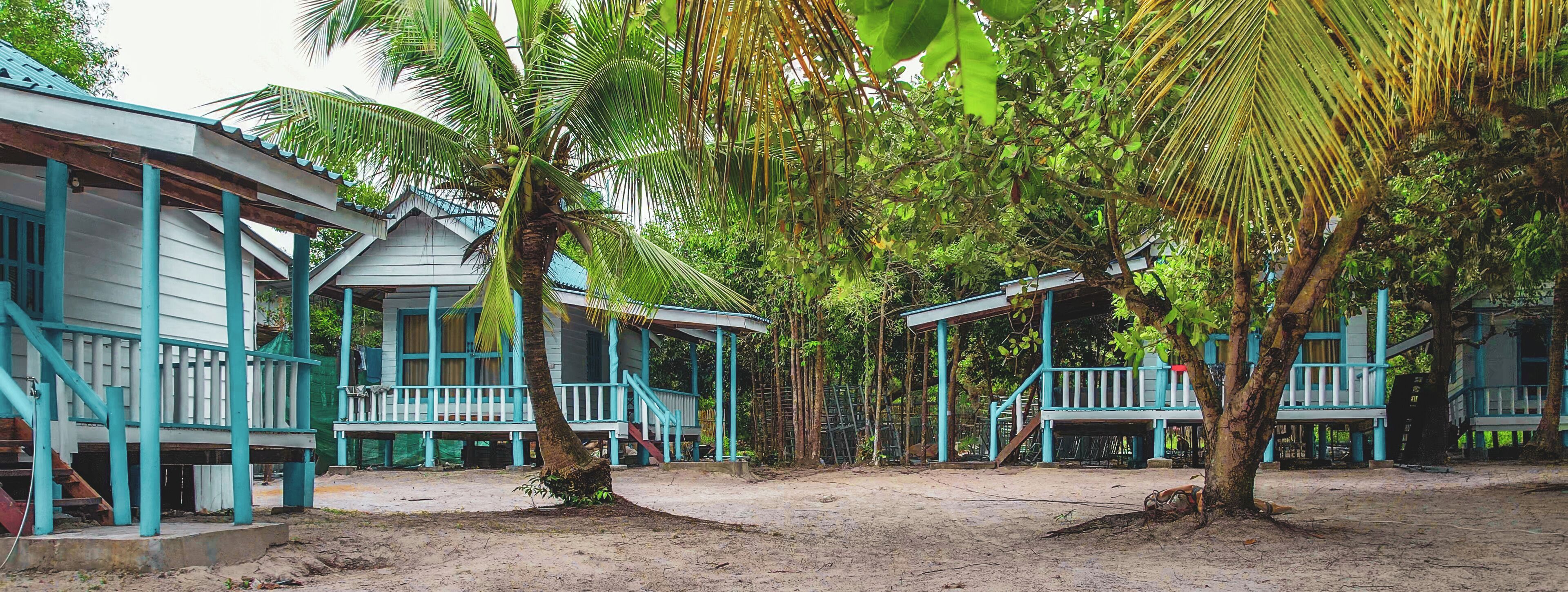 A series of blue-roofed structures with verandas, surrounded by dense tropical foliage.