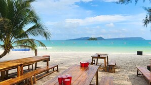 A beach with wooden picnic tables and benches, red plastic cups, and a palm tree.