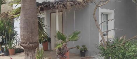 A modern building with a grey exterior, a thatched roof, and potted plants in the foreground.