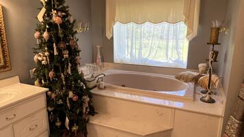 Jetted tub, towels, soap, toilet paper