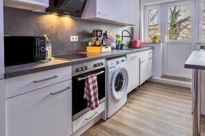 Fridge, microwave, oven, stovetop - Apartment 'Radolfzell Am Bodensee' with private terrace, whirlpool and sauna (Radolfzell am Bodensee)