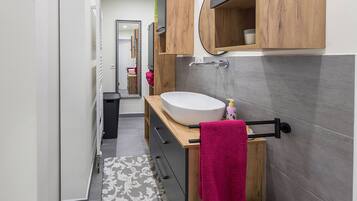 Shower, hair dryer, towels