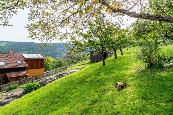 A hillside property with a wooden house, a fenced garden, and a view of a forested area.
