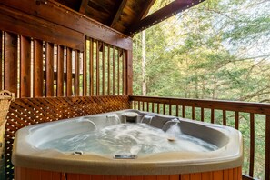 Outdoor spa tub - Cozy Gatlinburg Cabin • King Bed • Pool • Private Hot Tub • Grill (Gatlinburg)