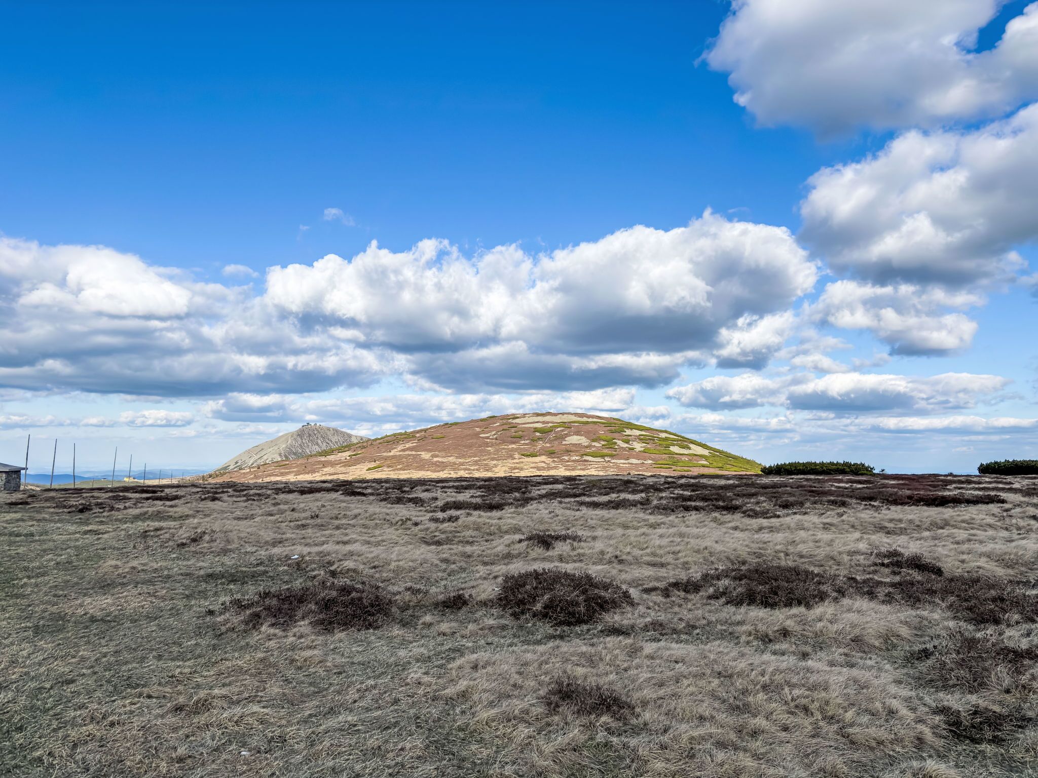 Eine flache, offene Landschaft mit einem Hügel in der Ferne und wolkenlosem Himmel.