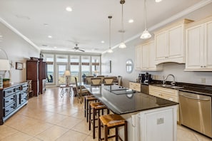 Fridge, microwave, dishwasher, coffee/tea maker