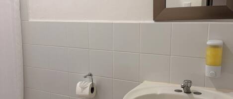 A bathroom with a toilet, sink, and a mirror.