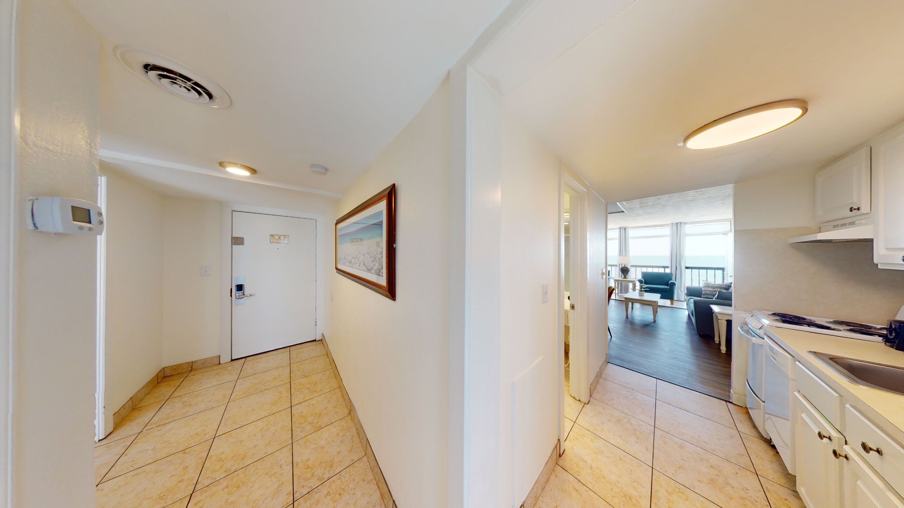 A hallway with a door, a framed picture, and a view into a living area with a balcony.