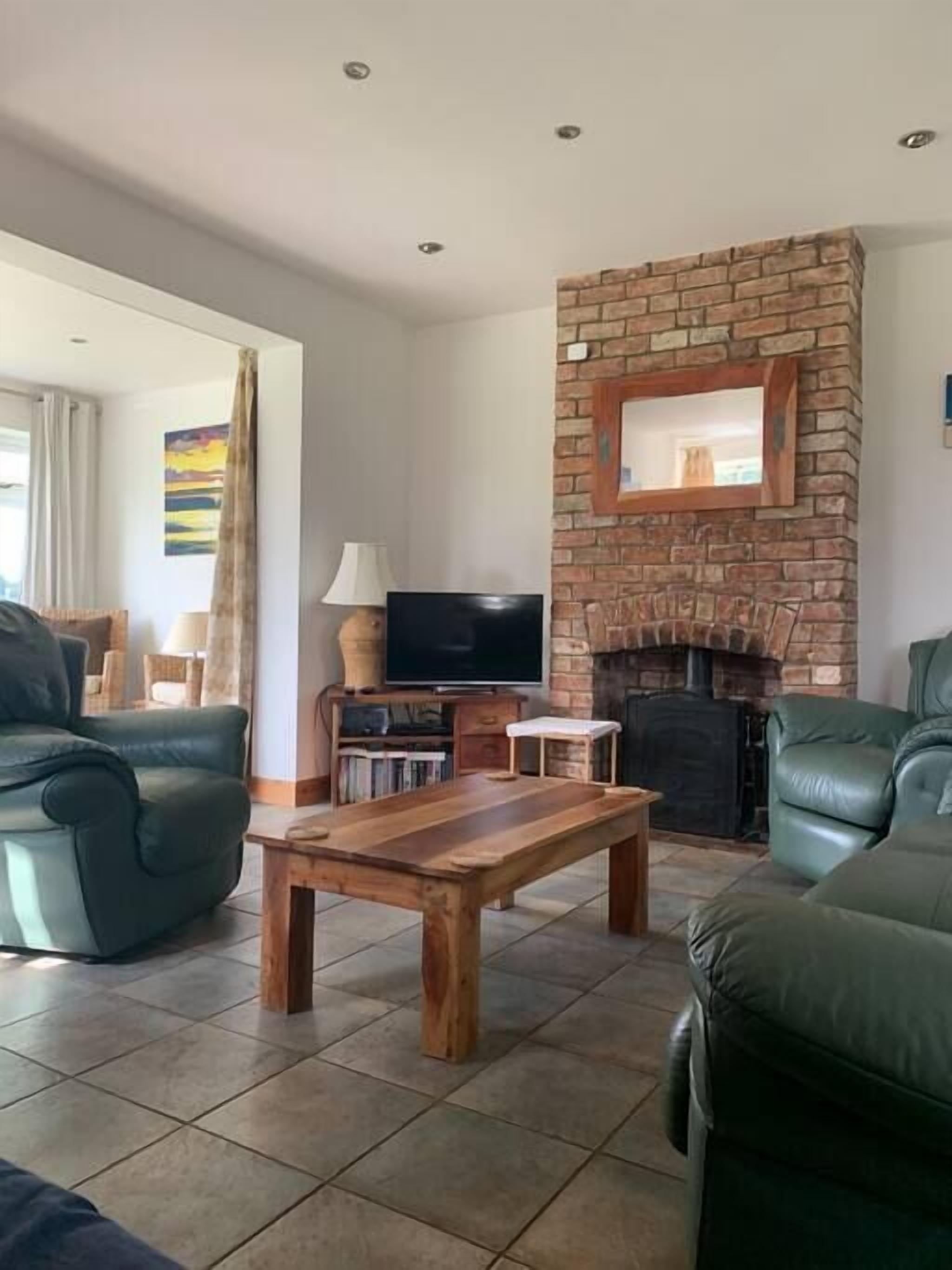 Télévision, cheminée, livres, chaîne hi-fi