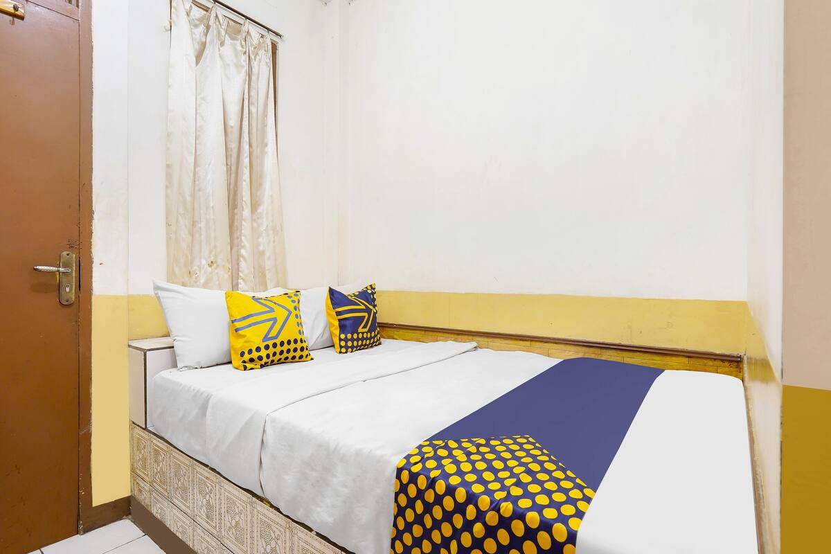 Une chambre à coucher avec un lit, deux oreillers, un rideau et une porte.