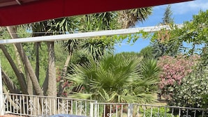 Un jacuzzi con barandilla de metal y vista a vegetación exuberante al fondo.