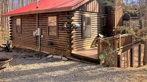 A log cabin with a red roof, a wooden deck, and a small porch. - Little Bushy Head -Blue Ridge cabin rental- Wifi- (Blue Ridge)