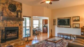 Smart TV, fireplace, books