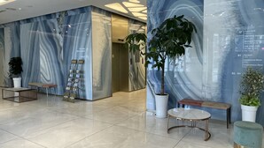 A modern lobby with marble walls, a reception desk, a potted plant, and a seating area. - Jackson9s Hotel (Chuncheon)