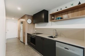 Modern kitchen with an oven, stainless steel sink, and dishwasher.