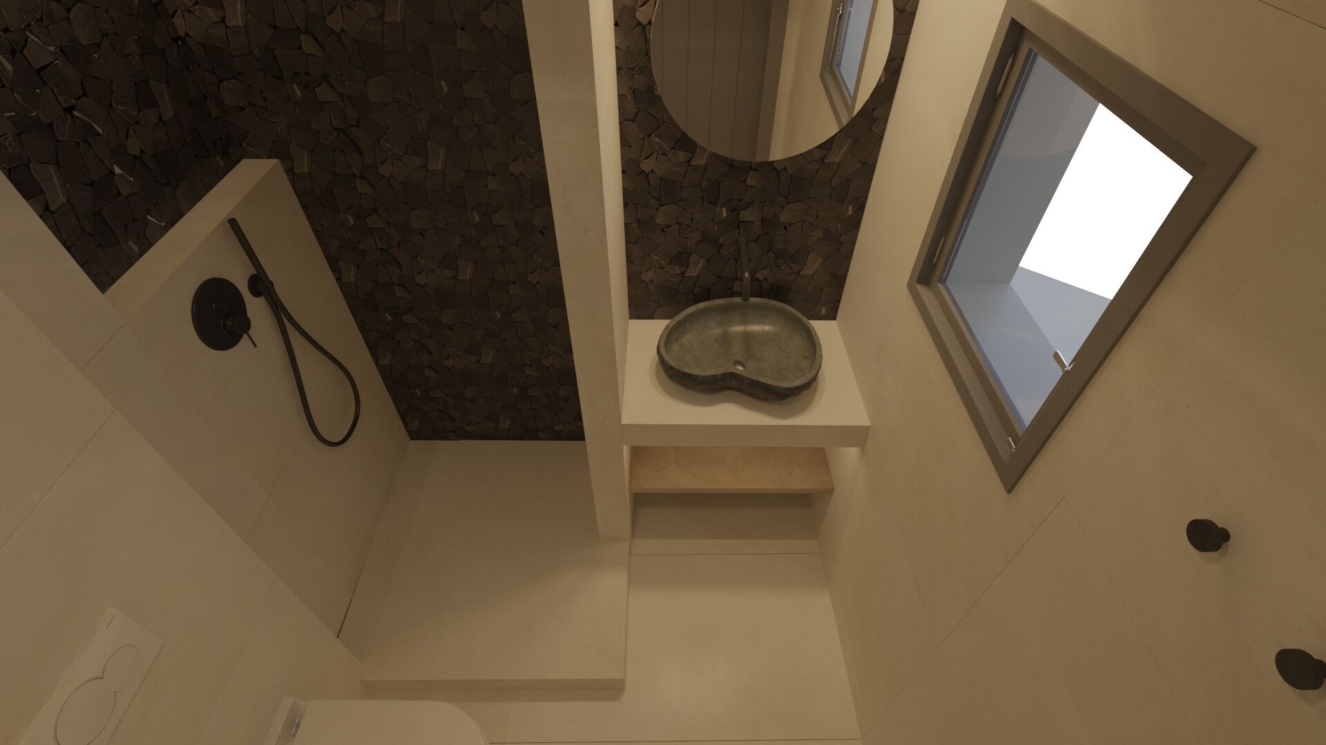 A bathroom with a stone backsplash, a round mirror, a sink, and a skylight.