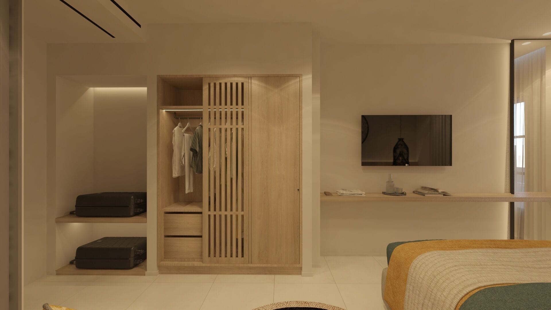 A bedroom with a bed, a wardrobe, a bedside table, a mirror, and a TV.