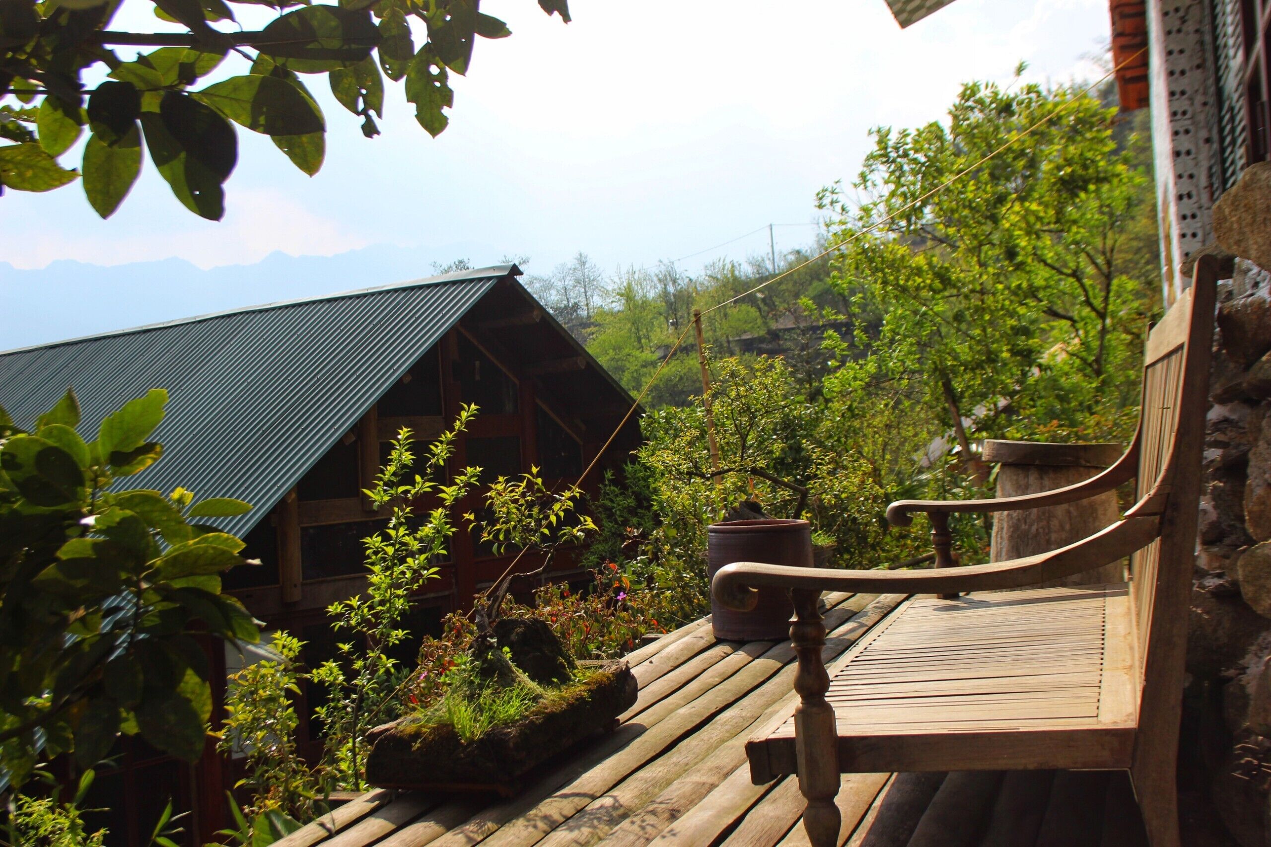 A wooden deck with a bench, a potted plant, and a building with a green roof.