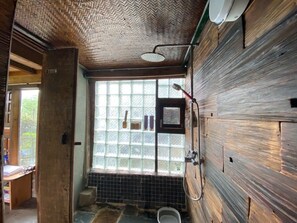 Shower, rainfall showerhead, hair dryer, slippers