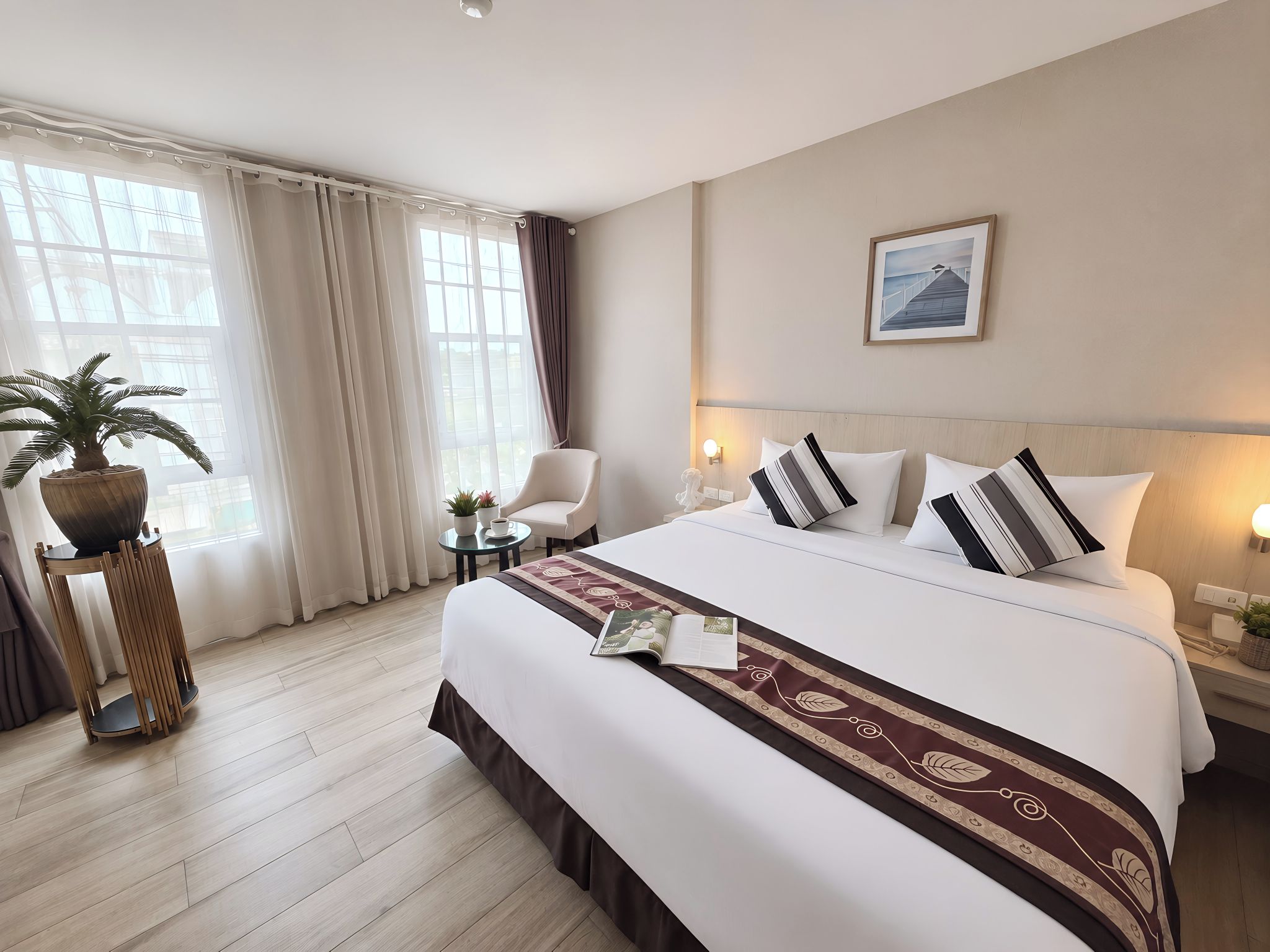 A hotel room with a large bed, a potted plant, a chair, a small table, and a picture on the wall.