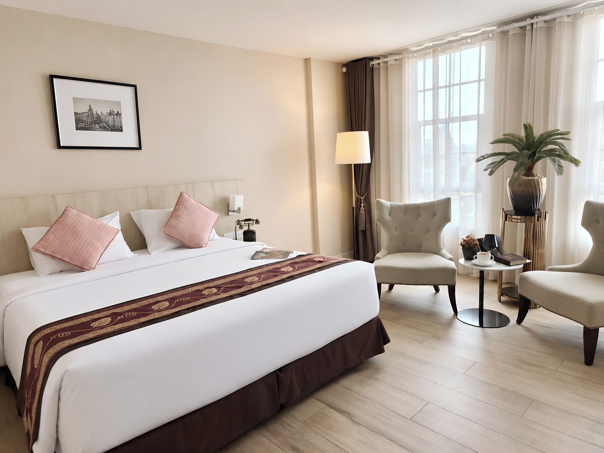 A hotel room with a large bed, two armchairs, a side table, a lamp, a potted plant, and a framed picture on the wall.