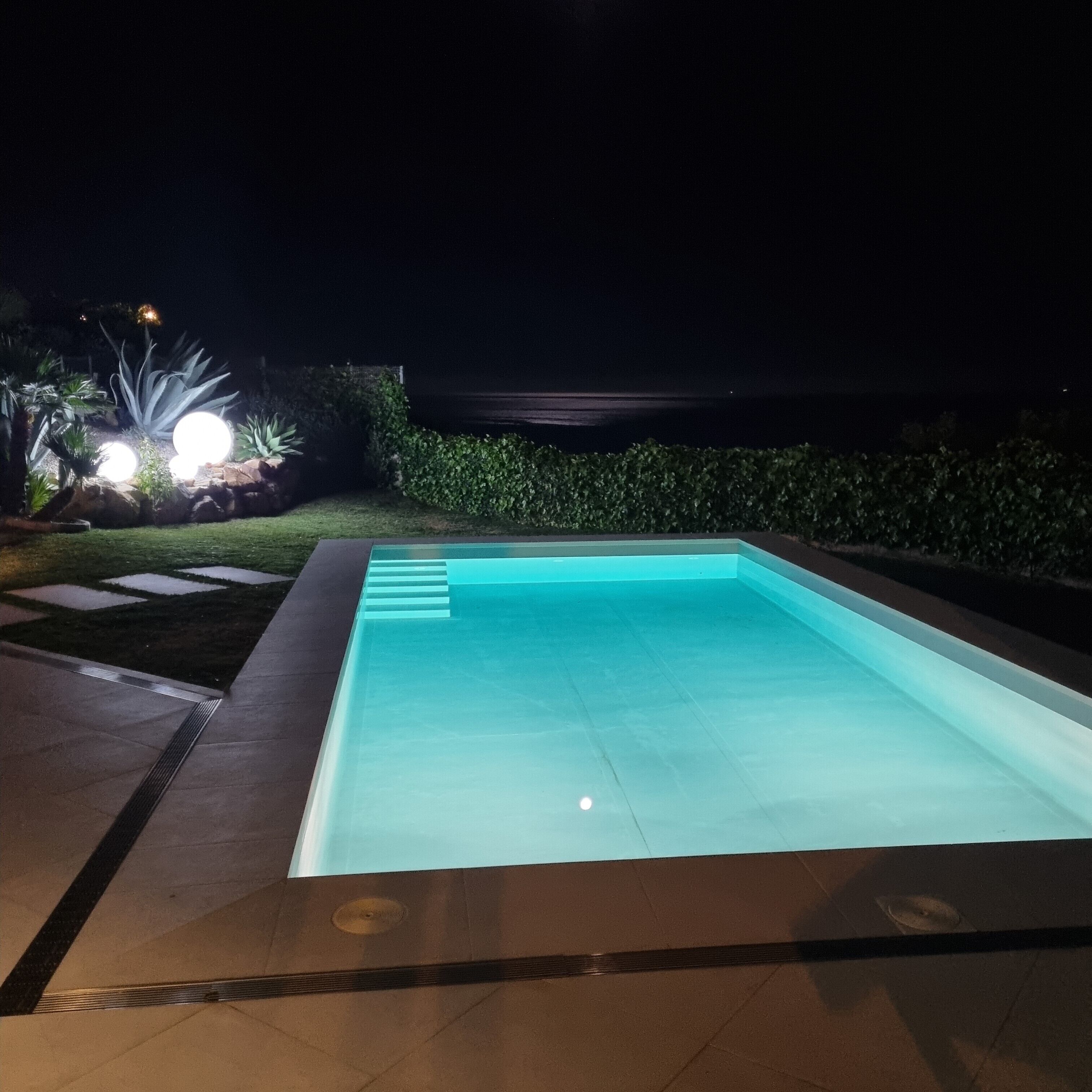 Une piscine nocturne à l’eau claire, entourée d’un jardin aménagé et d’une haie.