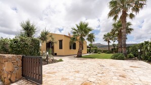Un patio empedrado con una verja, un edificio amarillo, palmeras y una montaña al fondo.