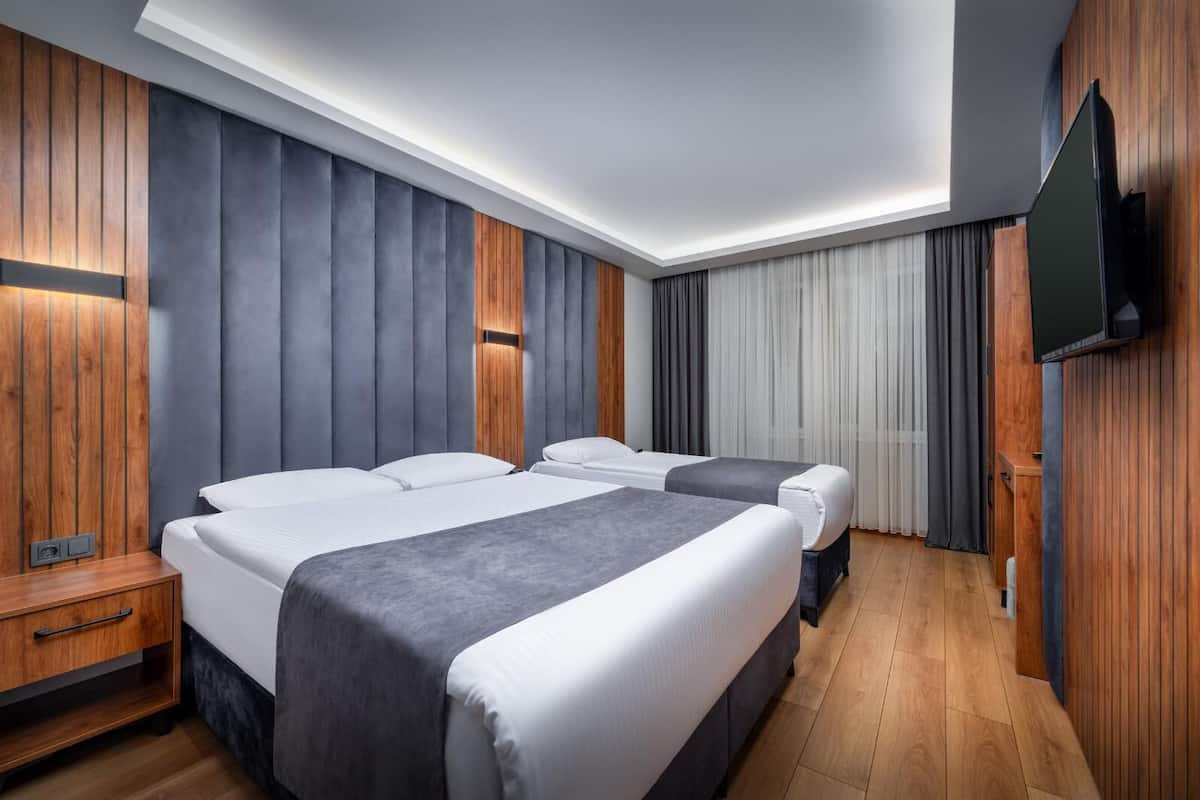 Quarto triplo standard | Roupas de cama de algodão egípcio, roupas de cama premium, frigobar