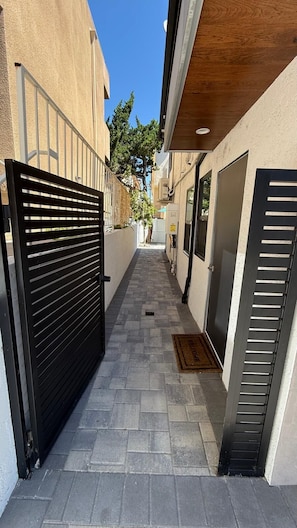 Un callejón estrecho con una verja negra, una puerta y un pequeño escalón que lleva a un edificio.
