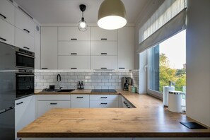 Familie appartement | Privékitchenette | Een koelkast, een kookplaat, een vaatwasser