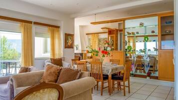TV, fireplace, video library