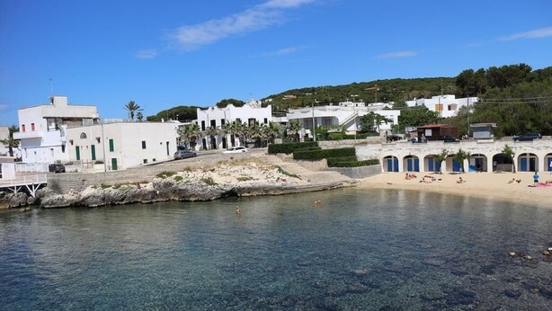 A coastal town with clear waters, white buildings, and a sandy beach. - Cottage by the sea of salento (Santa Cateria di Nardo)