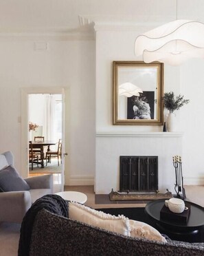 Télévision, cheminée, chaîne hi-fi