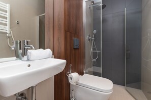 Shower, hair dryer, towels, shampoo