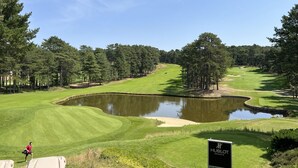 Un campo de golf con un estanque, rodeado de árboles y un letrero que dice 'HUBLOT Ginebra'.
