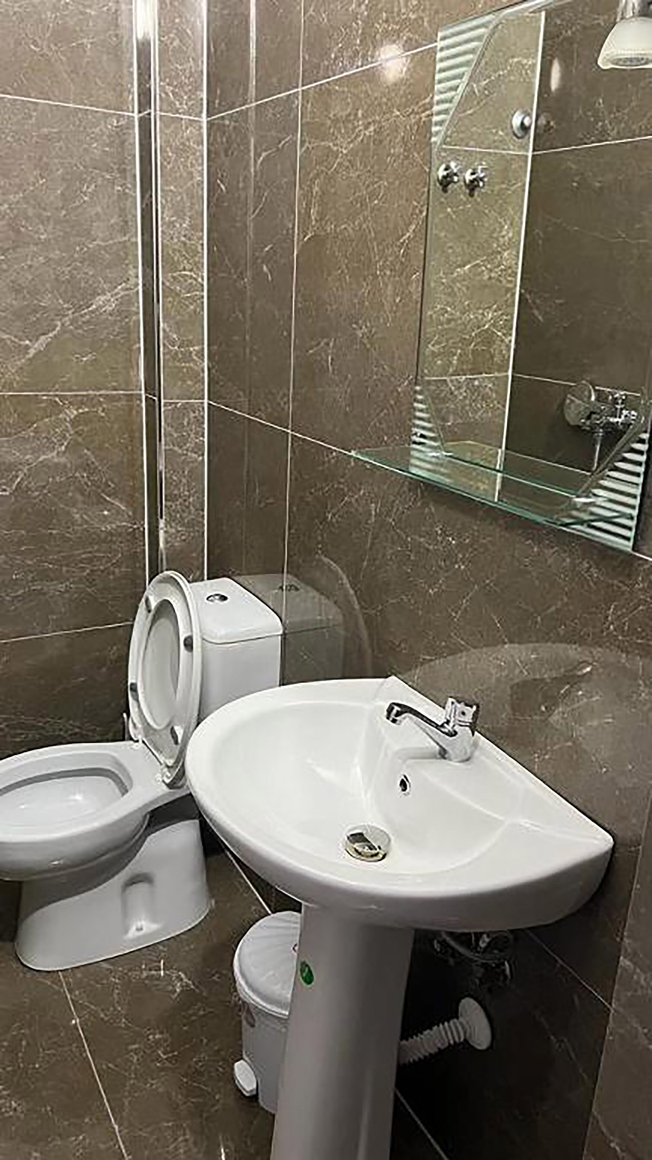 Een badkamer met toilet, wastafel en douche.