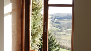 Una ventana con vistas a un paisaje rural, con árboles y campos.