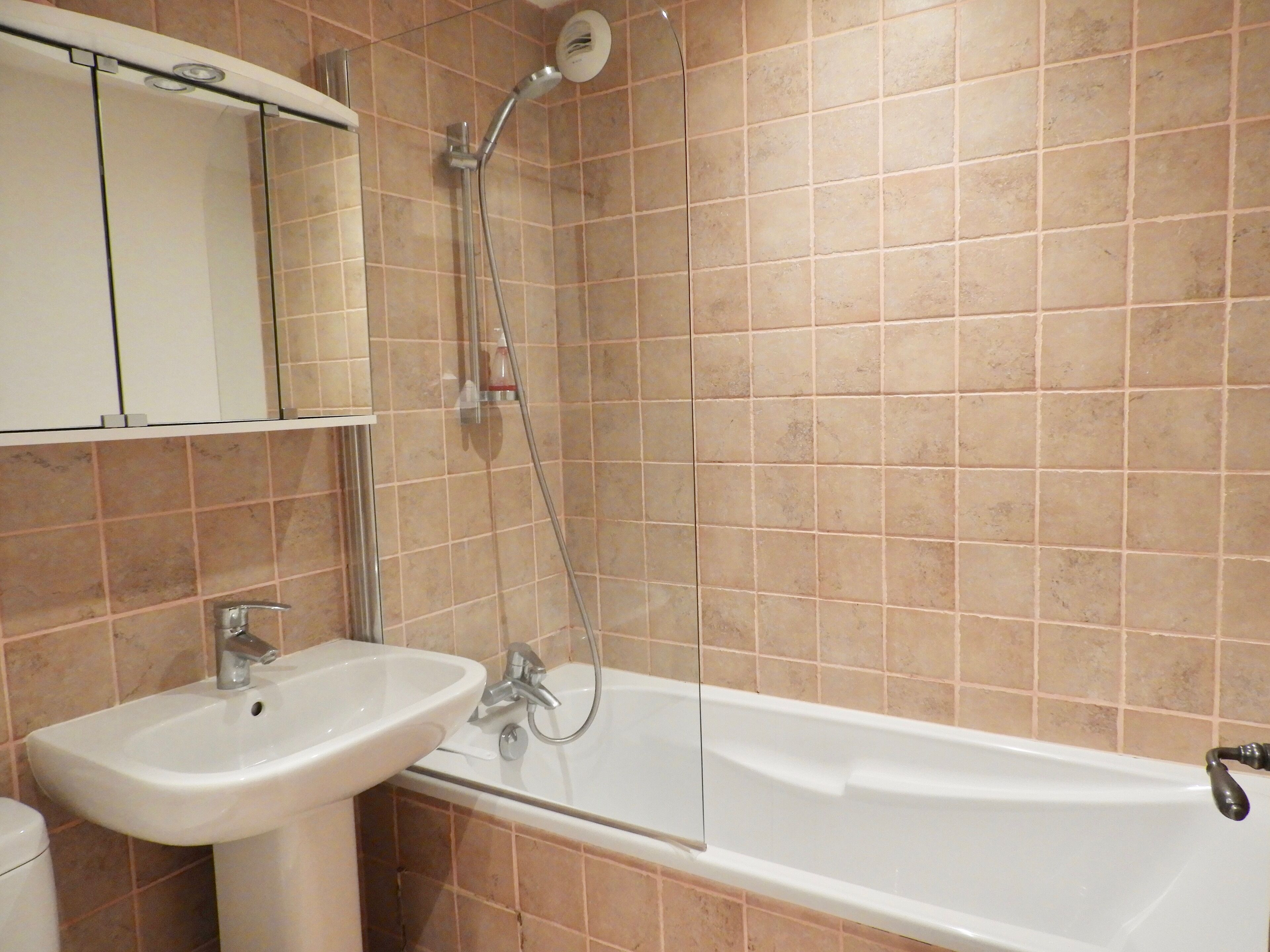 A bathroom with a sink, mirror, and shower.