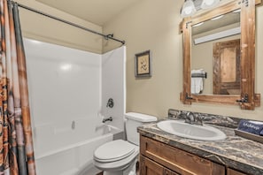 Combined shower/tub, hair dryer, towels, toilet paper