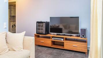 A living room with a sofa, a television, a DVD player, and a speaker on a wooden entertainment unit.