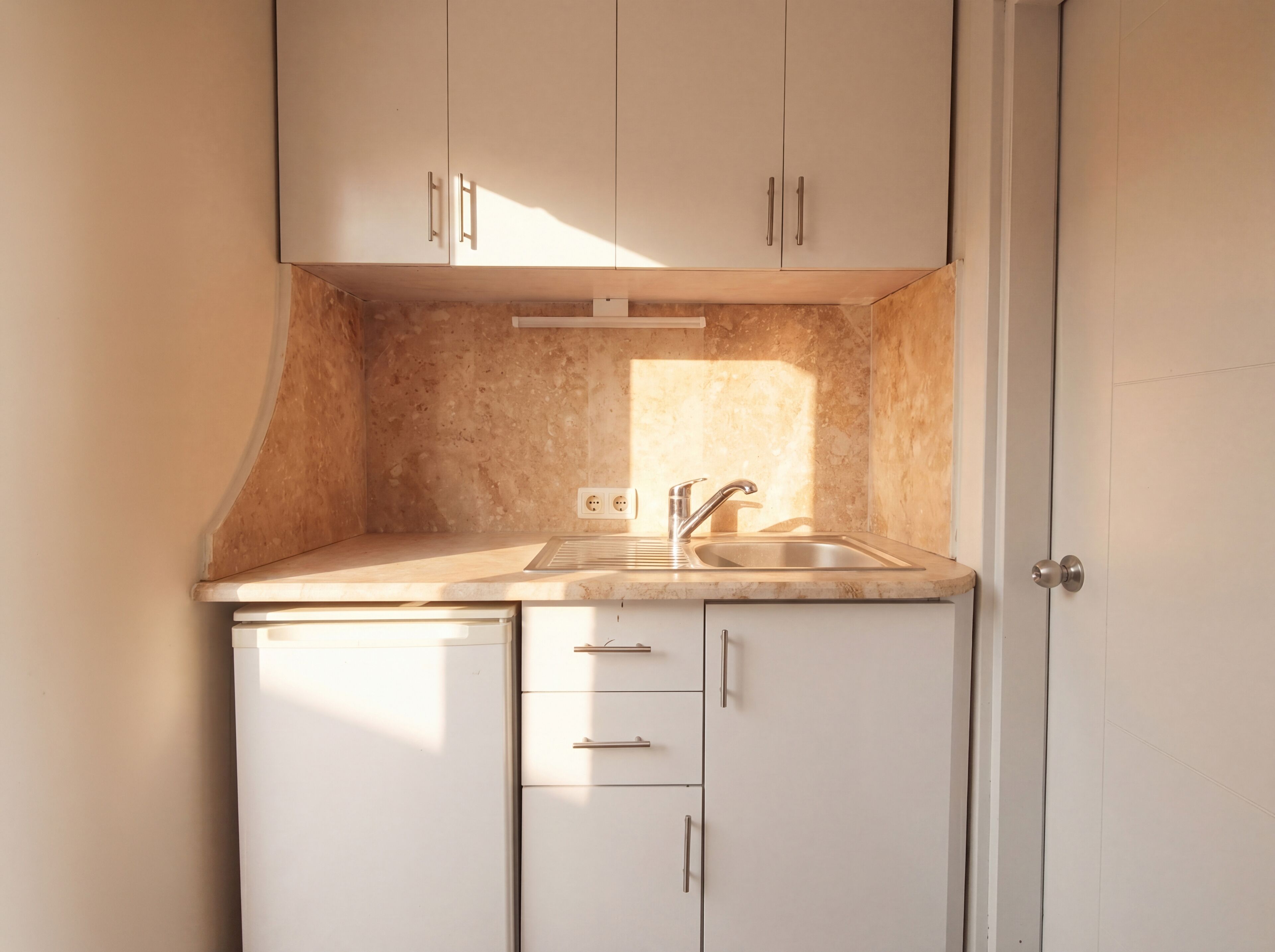 Una cocina pequeña con pileta, encimera y alacenas.