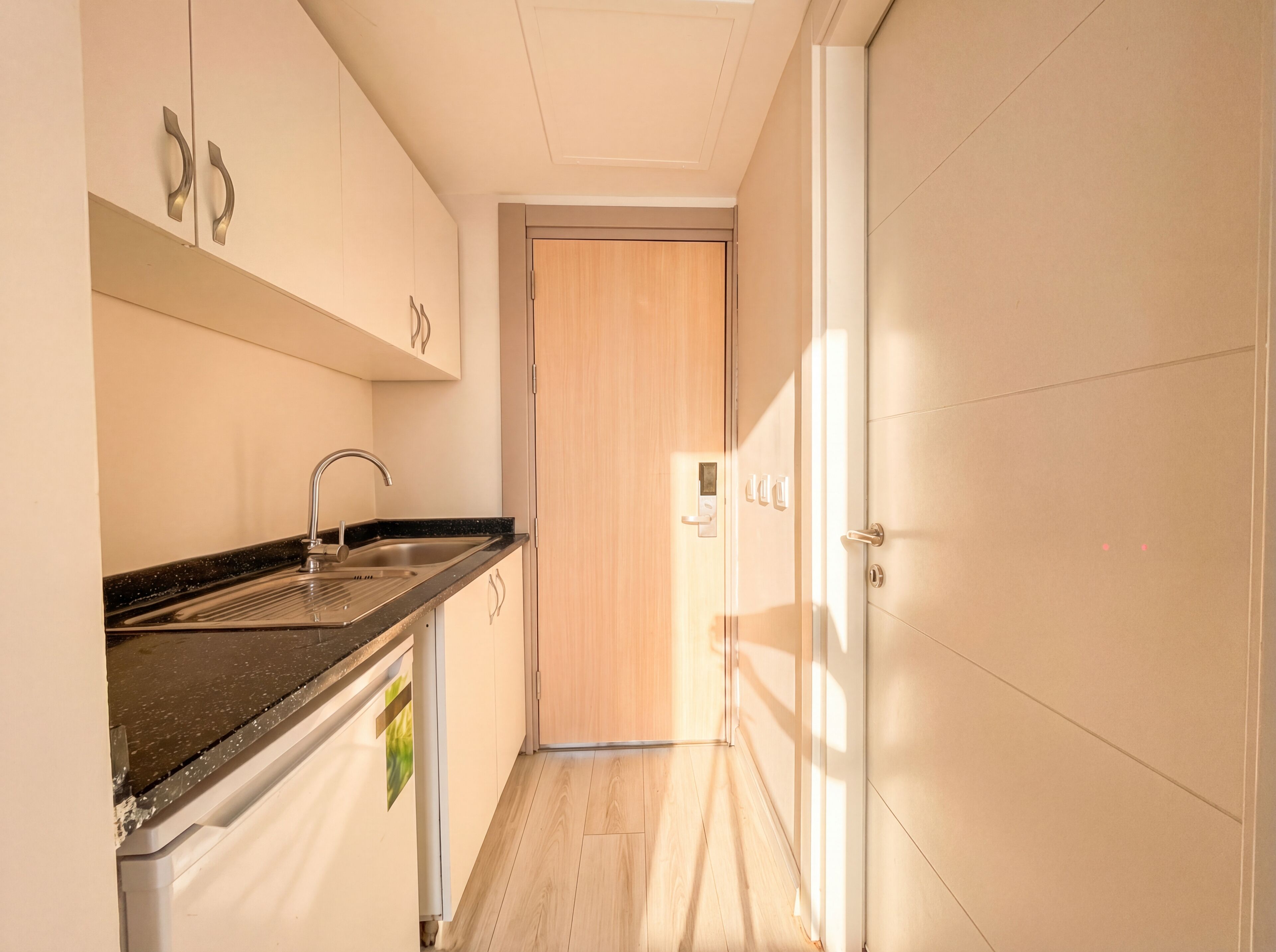 A narrow hallway with a kitchen area on the left, a wooden door at the end, and a white wall on the right.